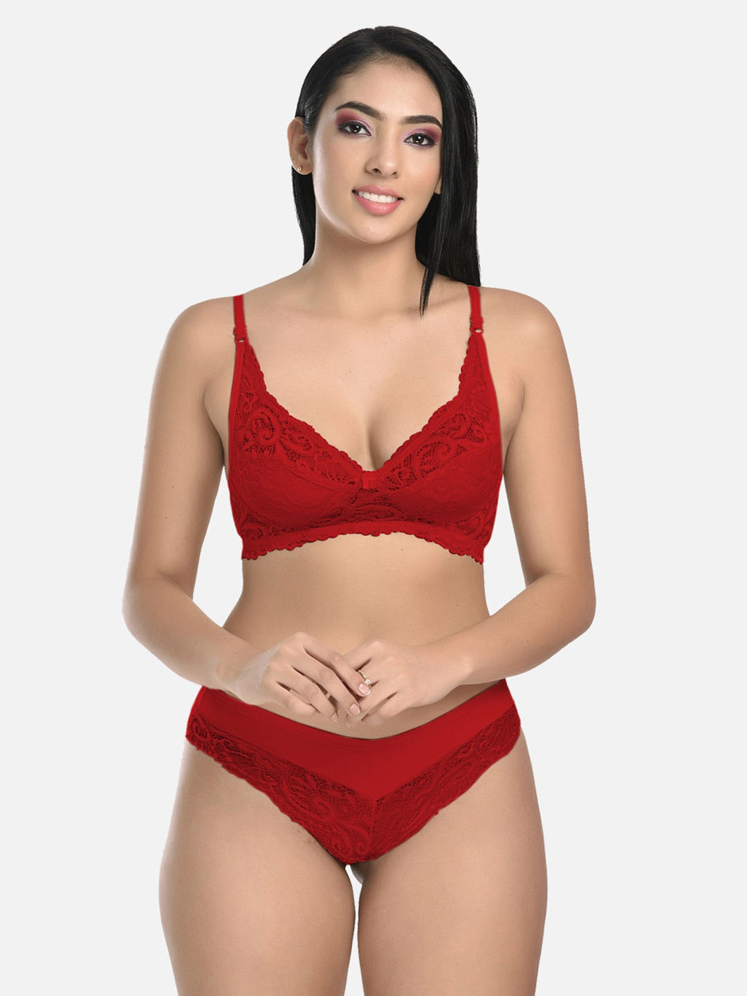 StyFun Women Maroon Floral Lace Lingerie Set