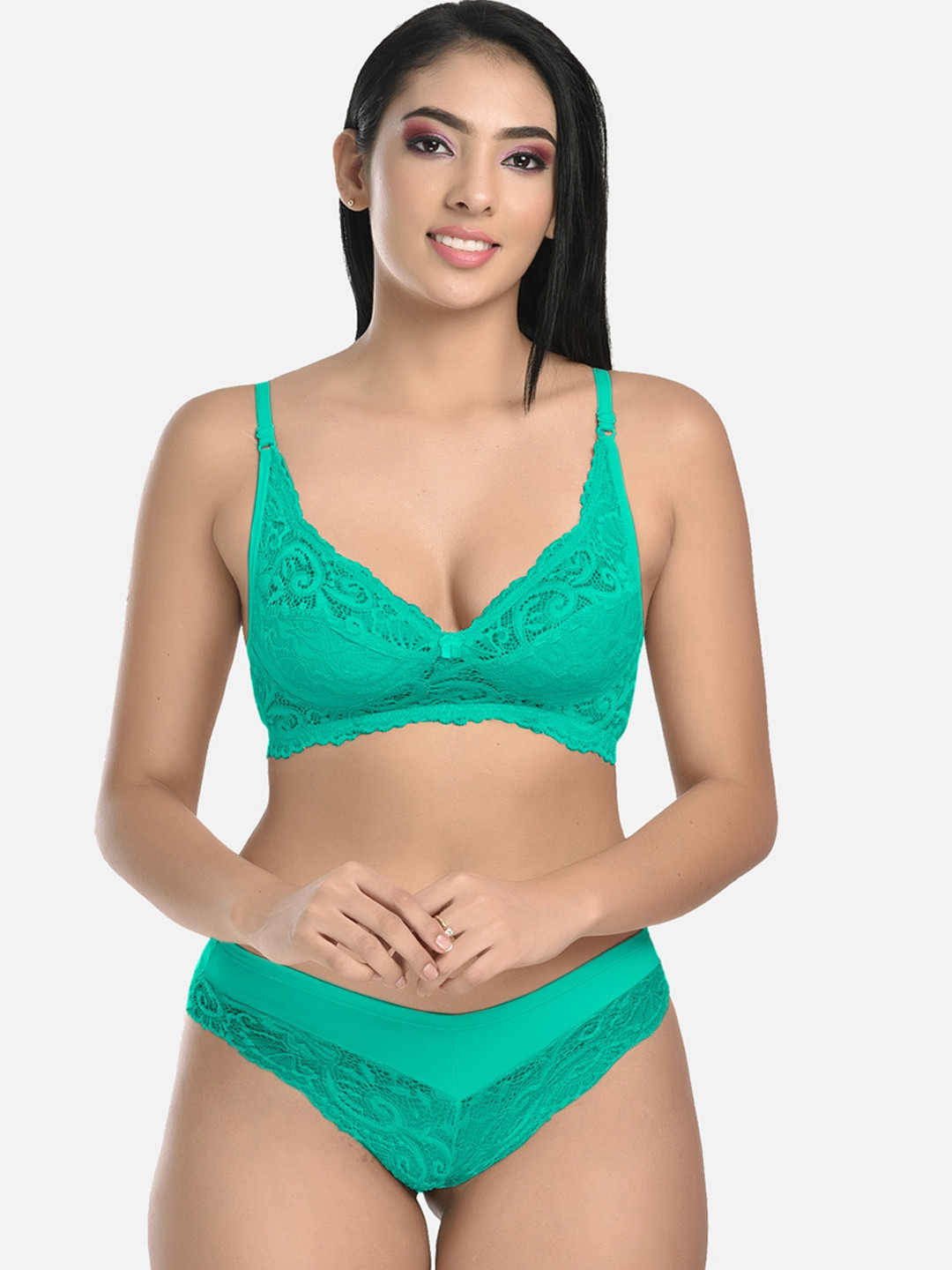 StyFun Women Sea Green Lace Lingerie Set