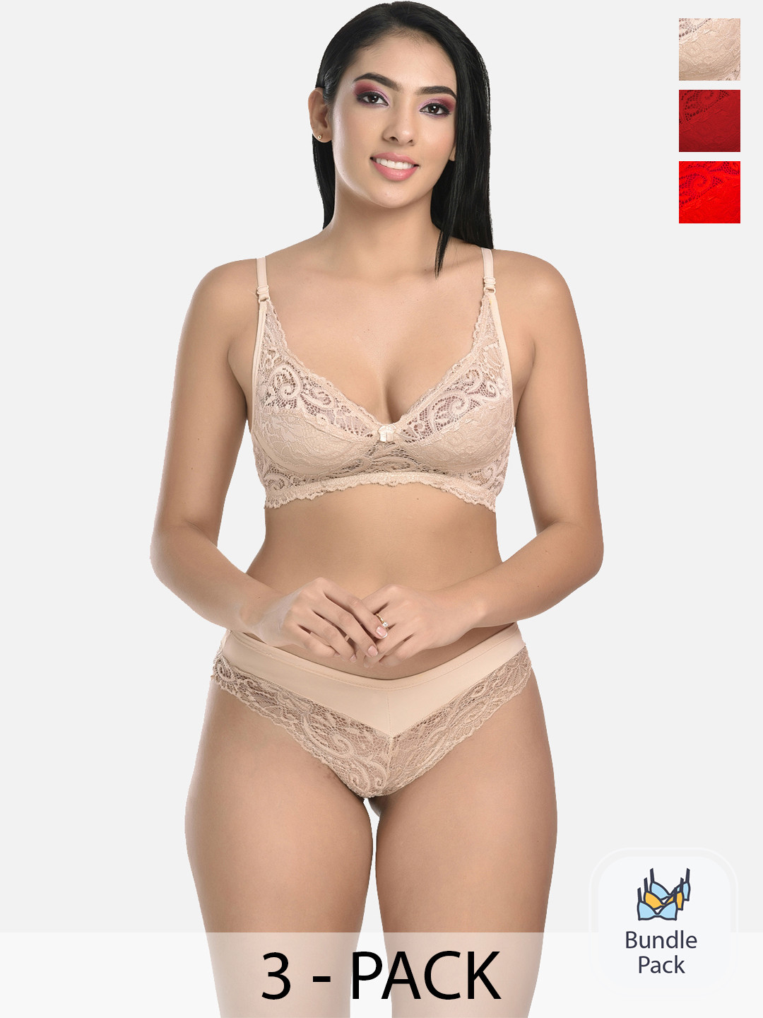 StyFun Women Pack Of 3 Self-Design Floral Lace Lingerie Set