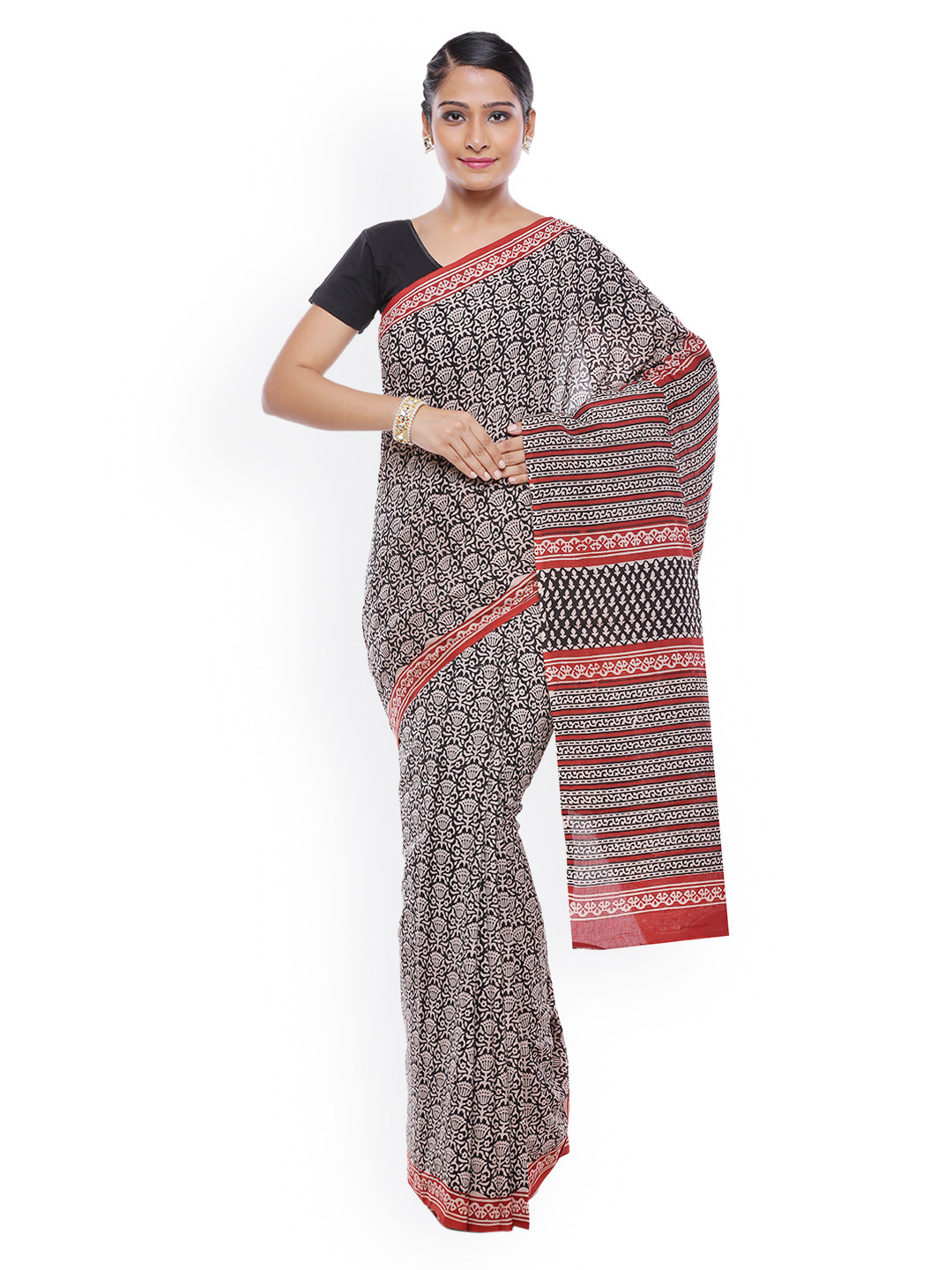 SOUNDARYA Black Hand Block Bagru Print Pure Cotton Traditional Saree