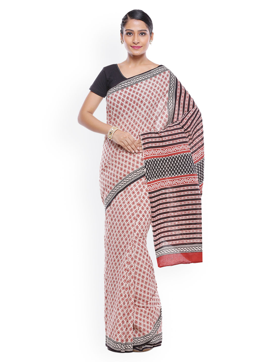 SOUNDARYA Beige Hand Block Bagru Print Pure Cotton Traditional Saree