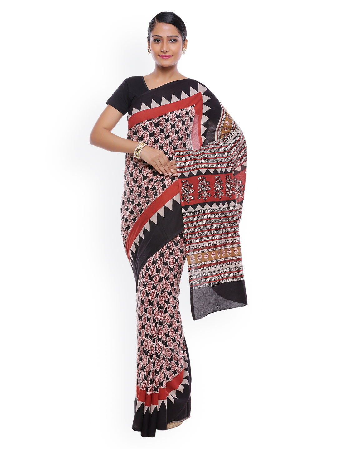 SOUNDARYA Black Hand Block Bagru Print Pure Cotton Traditional Saree