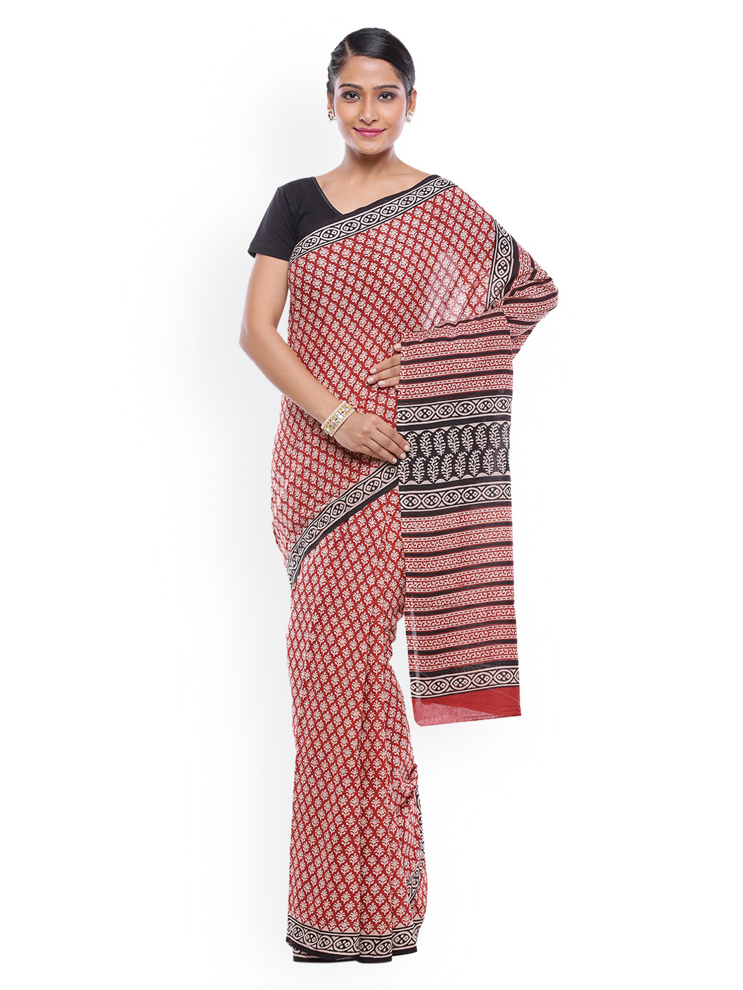 SOUNDARYA Red Hand Block Bagru Print Pure Cotton Traditional Saree