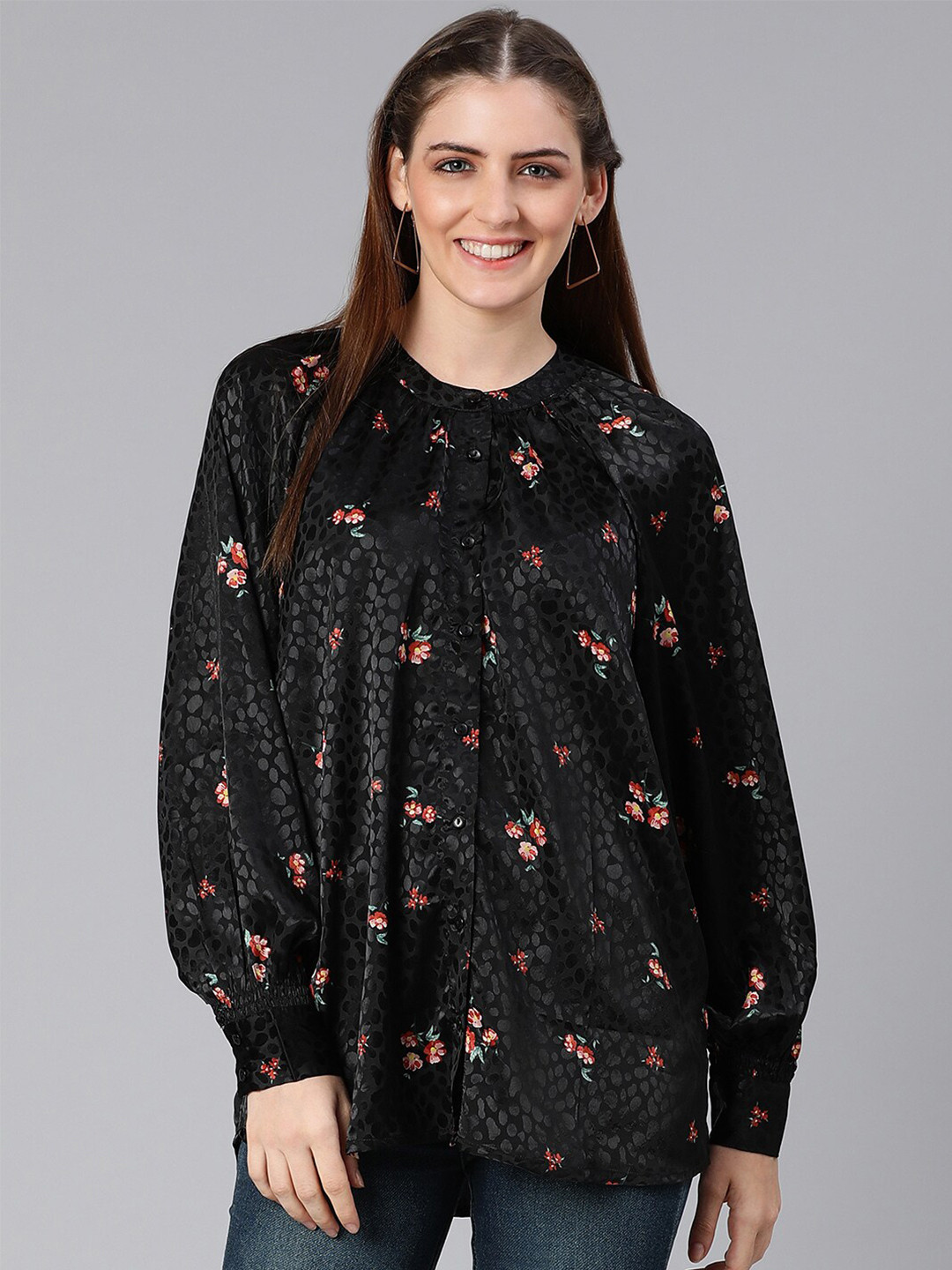Oxolloxo Women Black Floral Print Longline Top