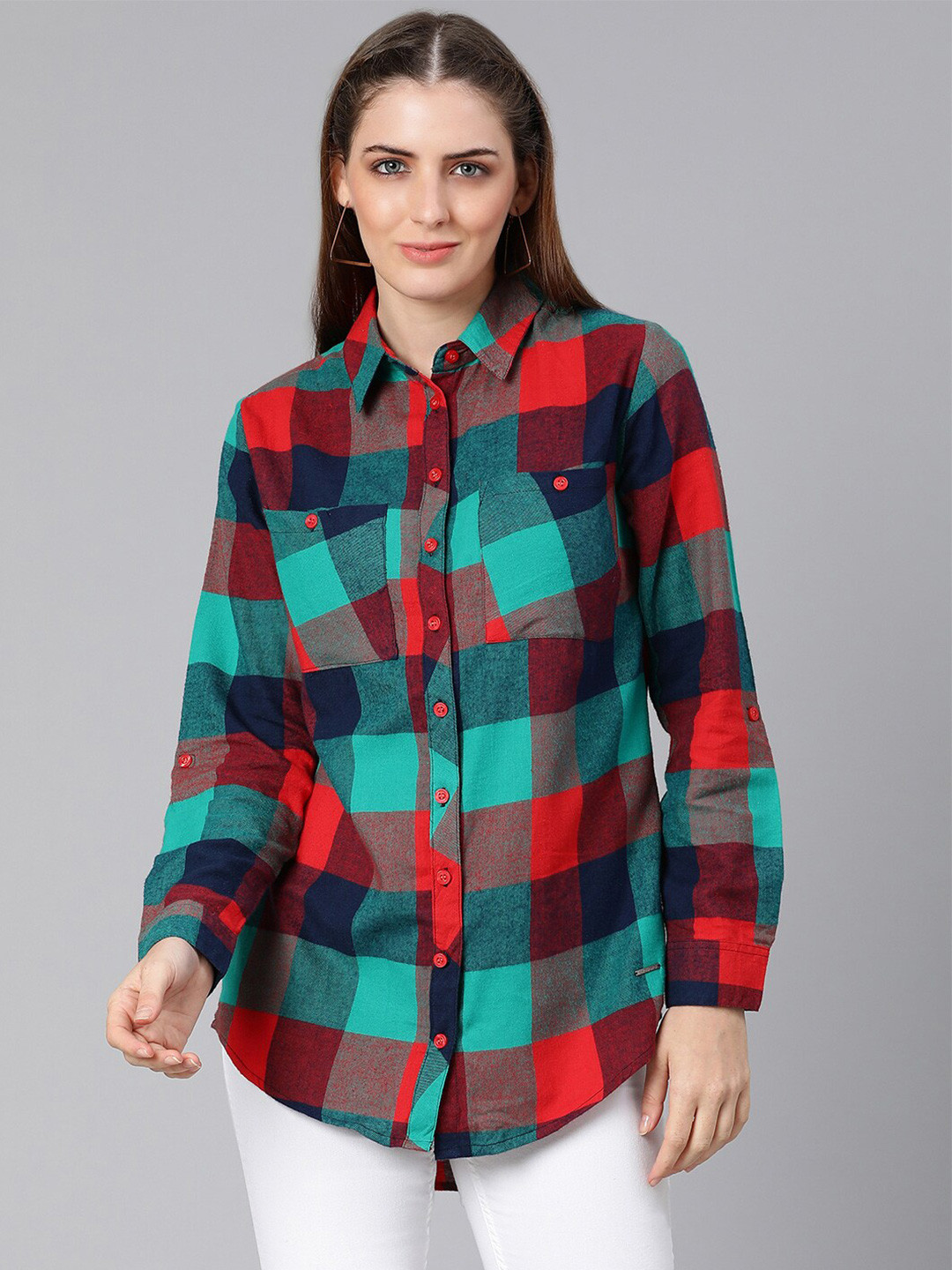 Oxolloxo Women Green And Red Classic Buffalo Checks Checked Longline Casual Shirt