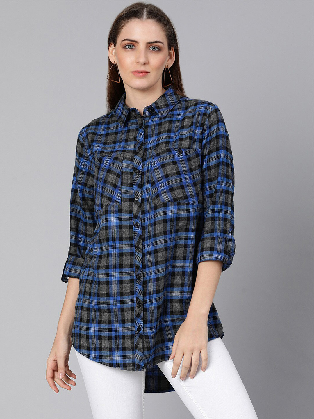 Oxolloxo Women Navy Blue Classic Tartan Checks Checked Longline Casual Shirt