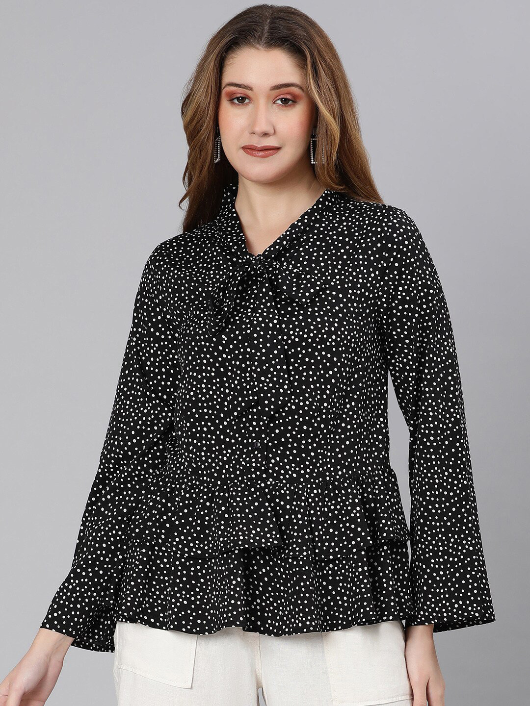 Oxolloxo Black & White Geometric Print Tie-Up Neck Ruffles Peplum Top