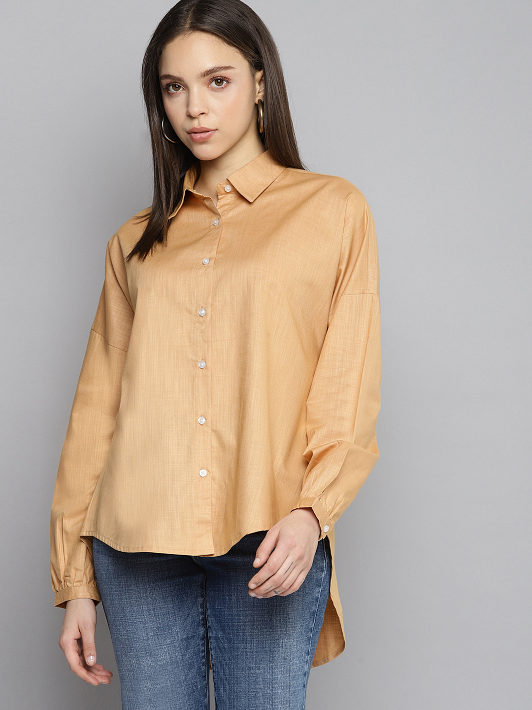 DENNISON Women Beige Oversized Puff Sleeves Casual Shirt