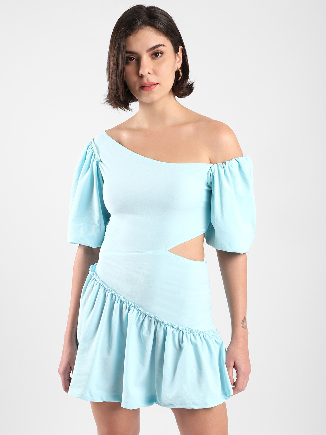 Campus Sutra Blue Off-Shoulder Drop-Waist Mini Dress