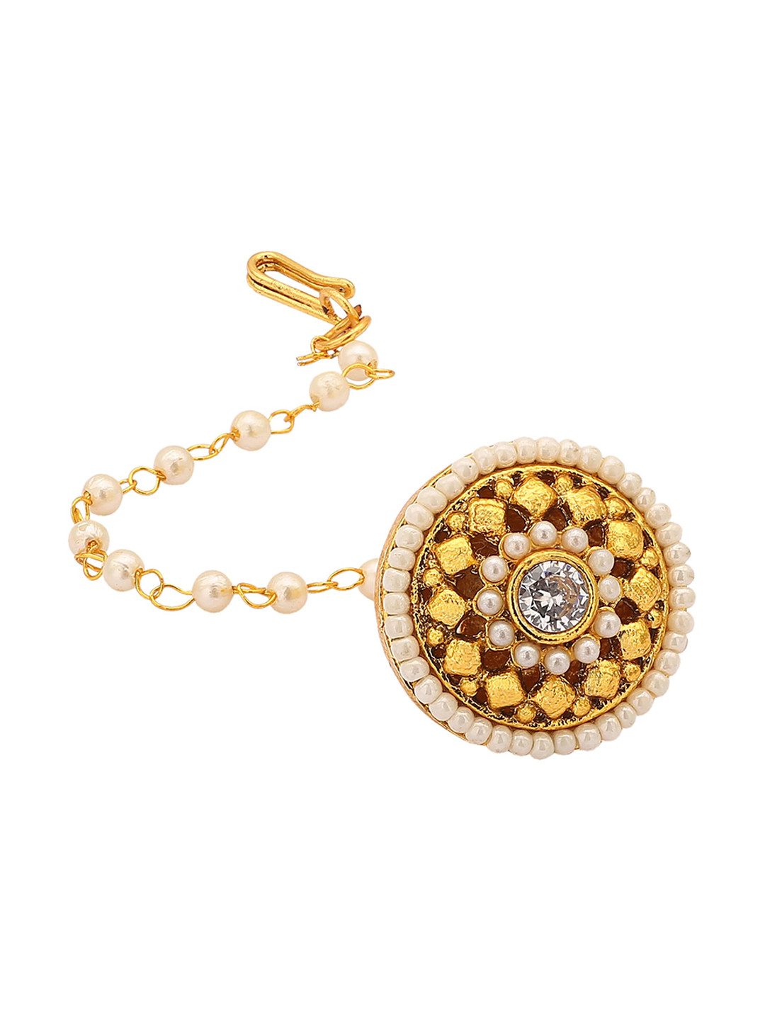 Sanjog Gold-Plated & White Stone Studded & Beaded Borla Maangtika