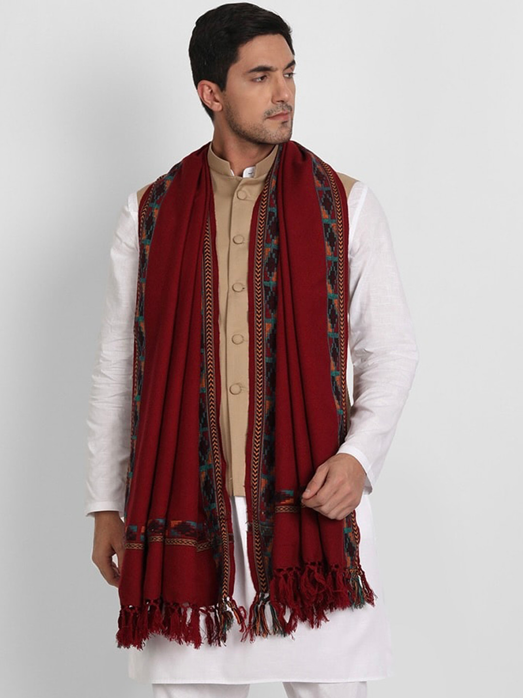 Zamour Men Maroon Himalayan Kullu Woven Design Shawl