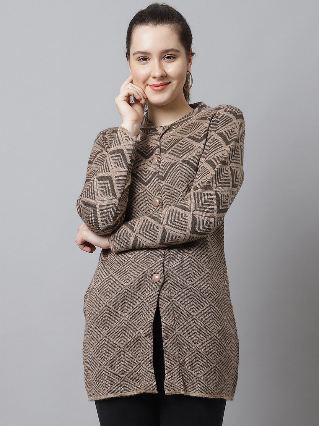 PERFECT LINE Women Beige & Black Printed Longline Acrylic Cardigan