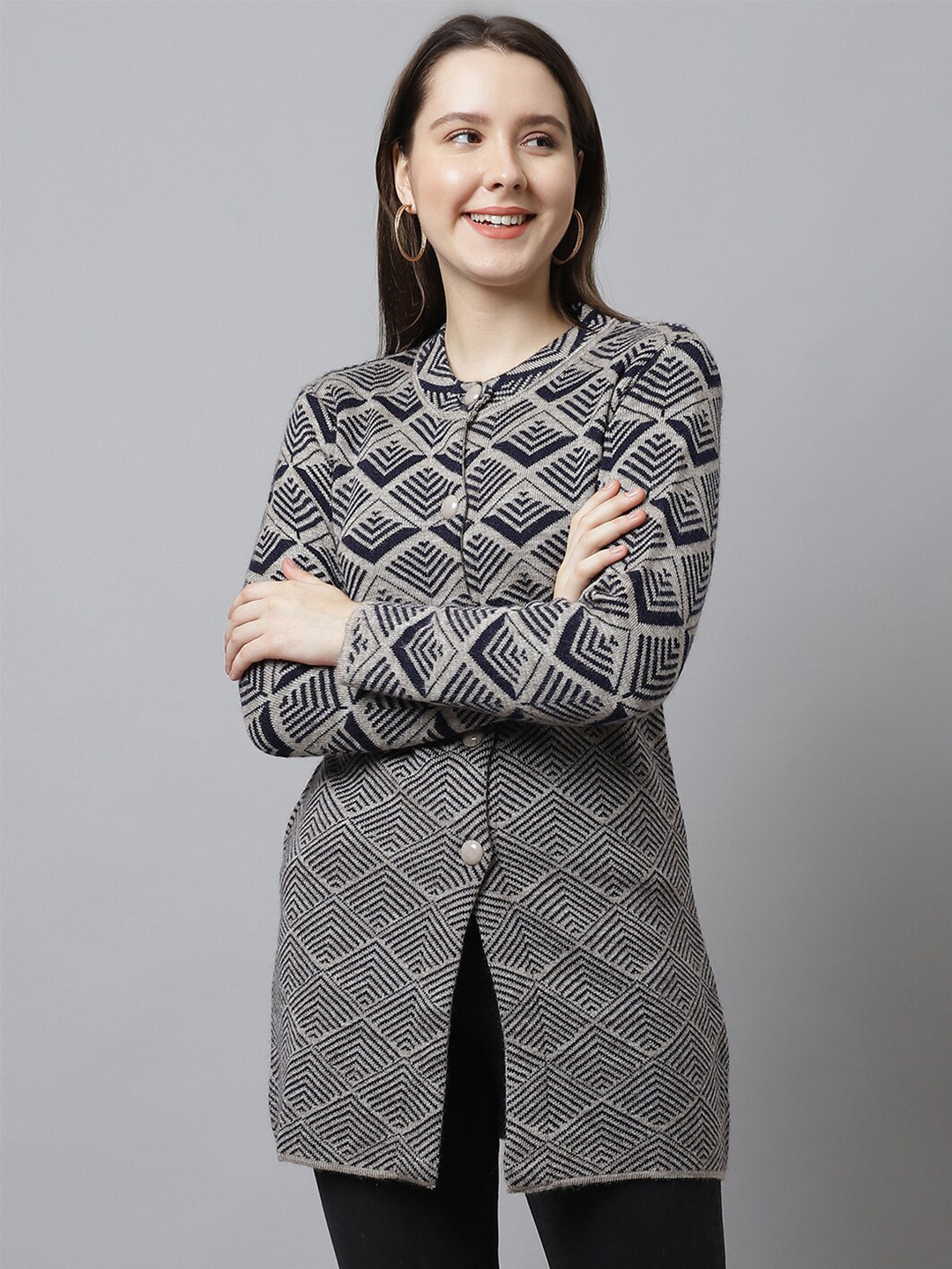 PERFECT LINE Women Beige & Black Printed Acrylic Cardigan