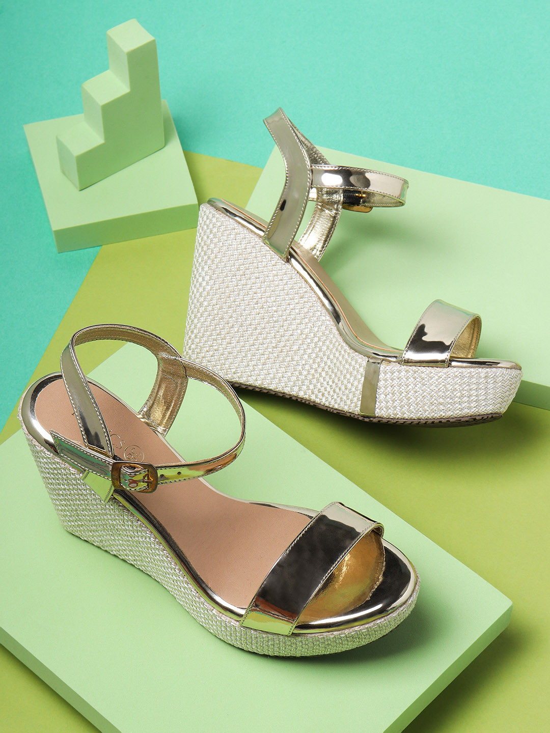 ICONICS Gold-Toned Colourblocked Party Wedge Heels with Buckles
