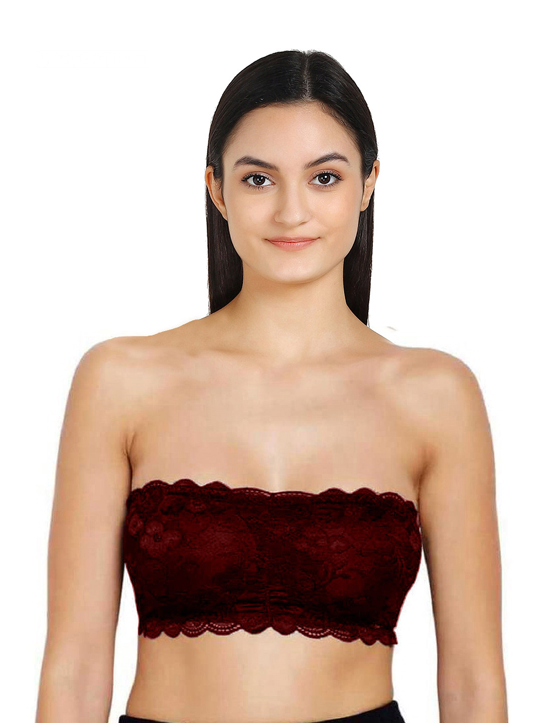 AROUSY Maroon Floral Lace Non-Padded Tube Bra Lace tube Bra_Maroon_30