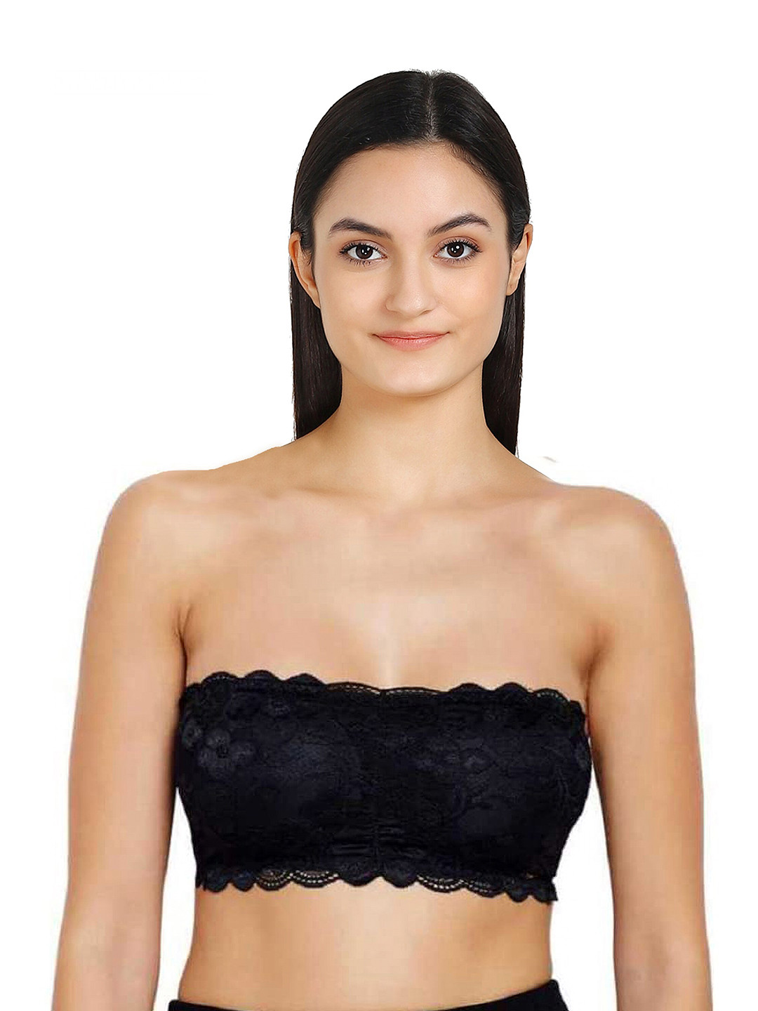 AROUSY Black Floral Lace Non-Padded Tube Bra Lace tube Bra_Black_30