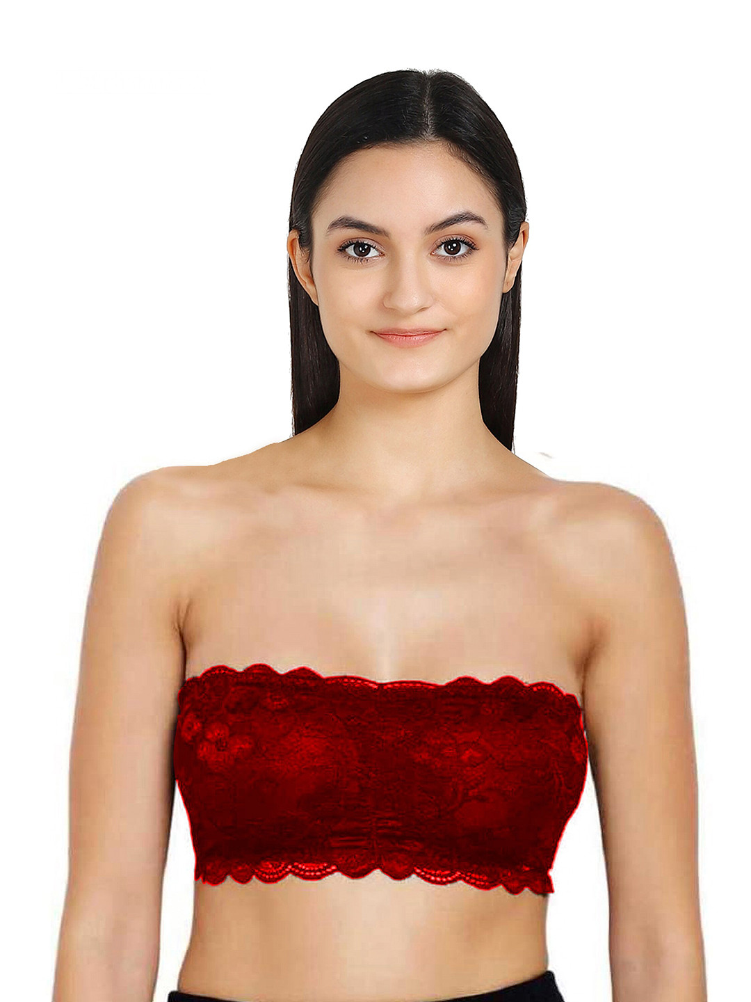 AROUSY Red Floral Lace Non-Padded Tube Bra Lace tube Bra_Red_30