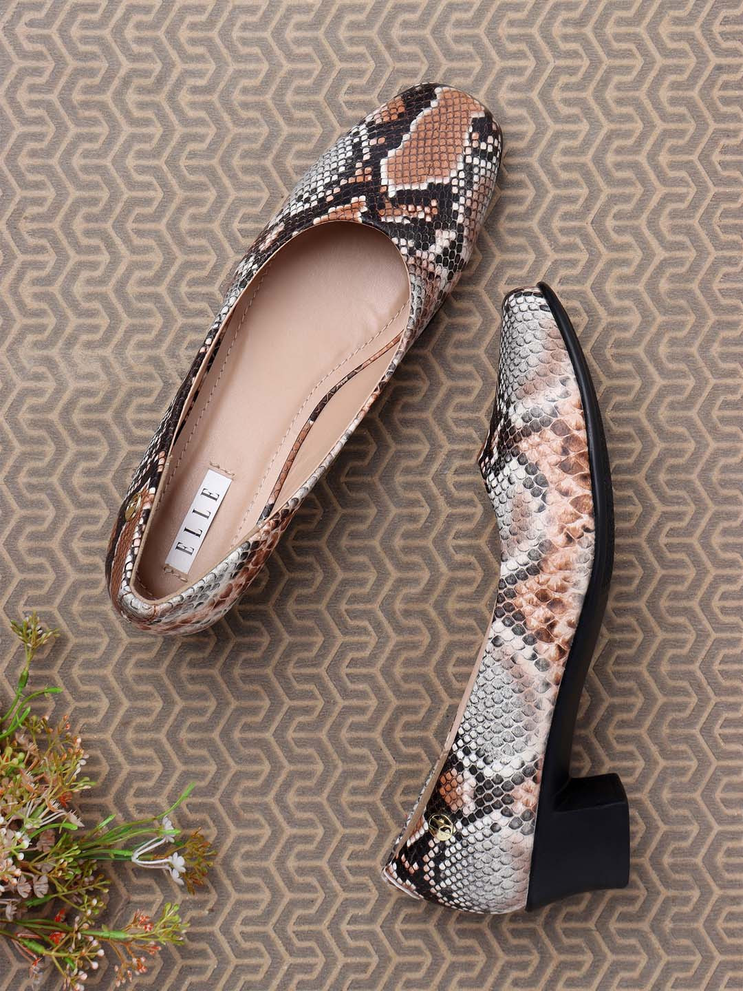 ELLE Beige & Black Printed Block Pumps