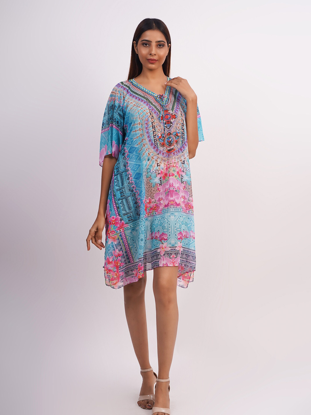 Rajoria Instyle Blue & Pink Tribal Georgette A-Line Dress