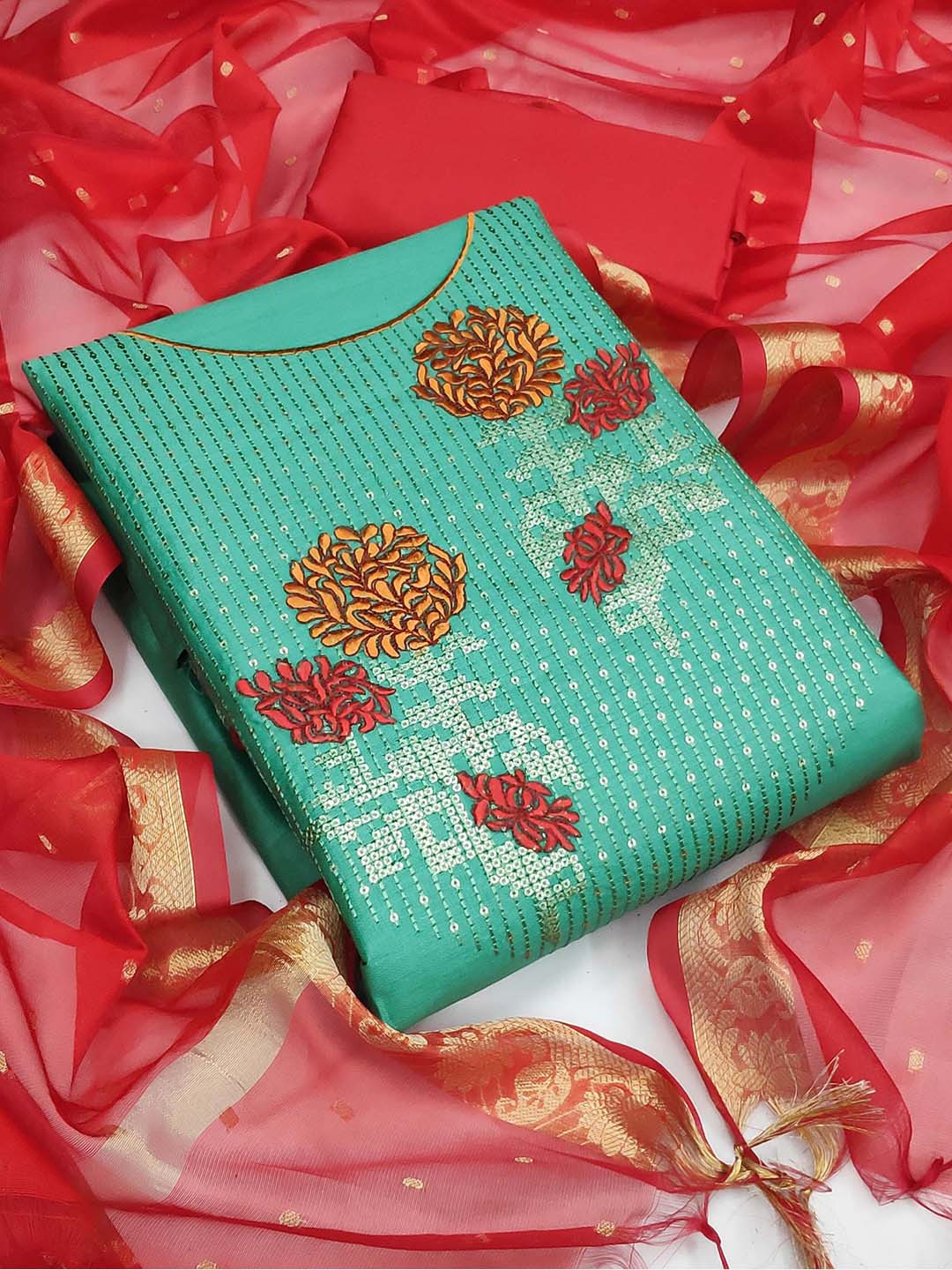 KALINI Blue & Maroon Embroidered Unstitched Dress Material