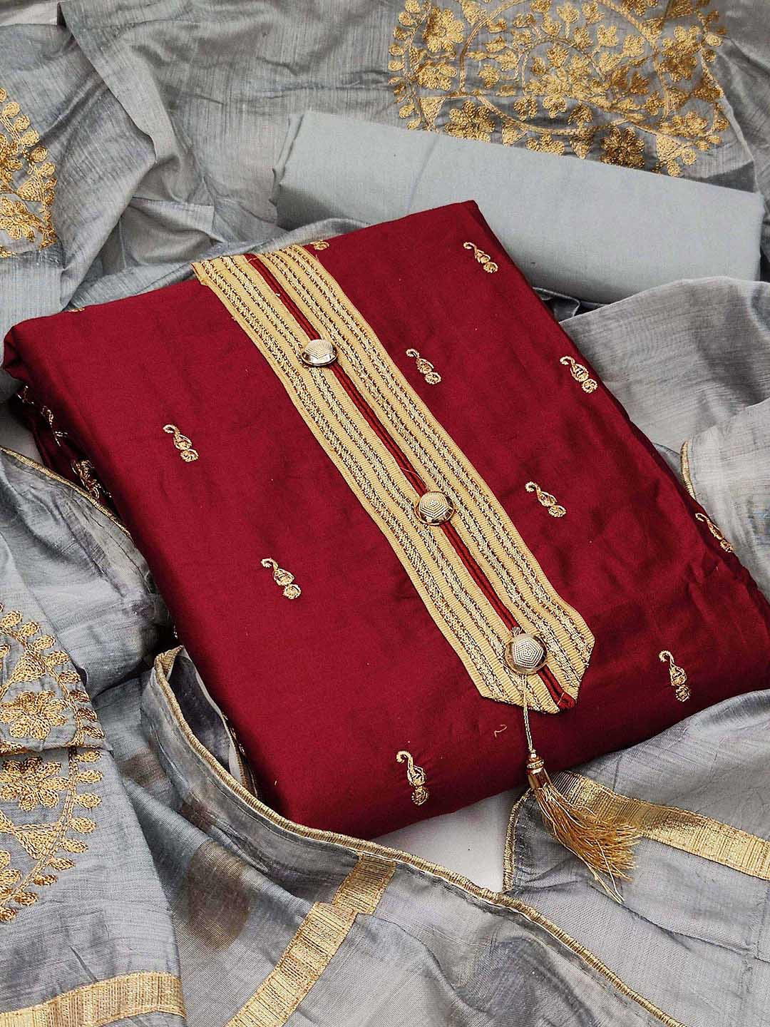 KALINI Maroon & Gold-Toned Embroidered Unstitched Dress Material