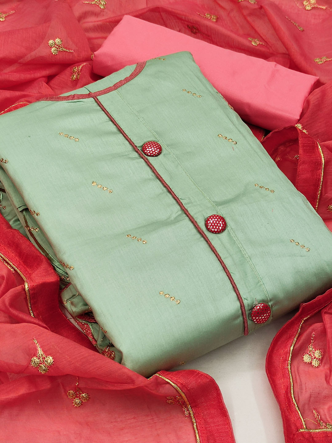 KALINI Green & Red Embroidered Unstitched Dress Material