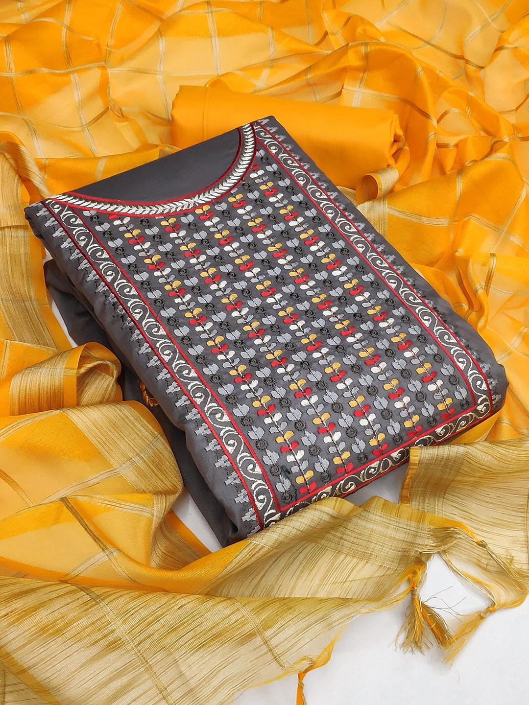 KALINI Grey & Silver-Toned Embroidered Unstitched Dress Material