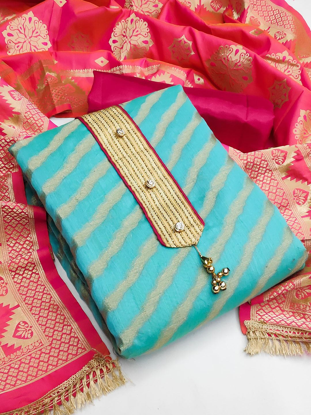 KALINI Blue & Pink Unstitched Dress Material