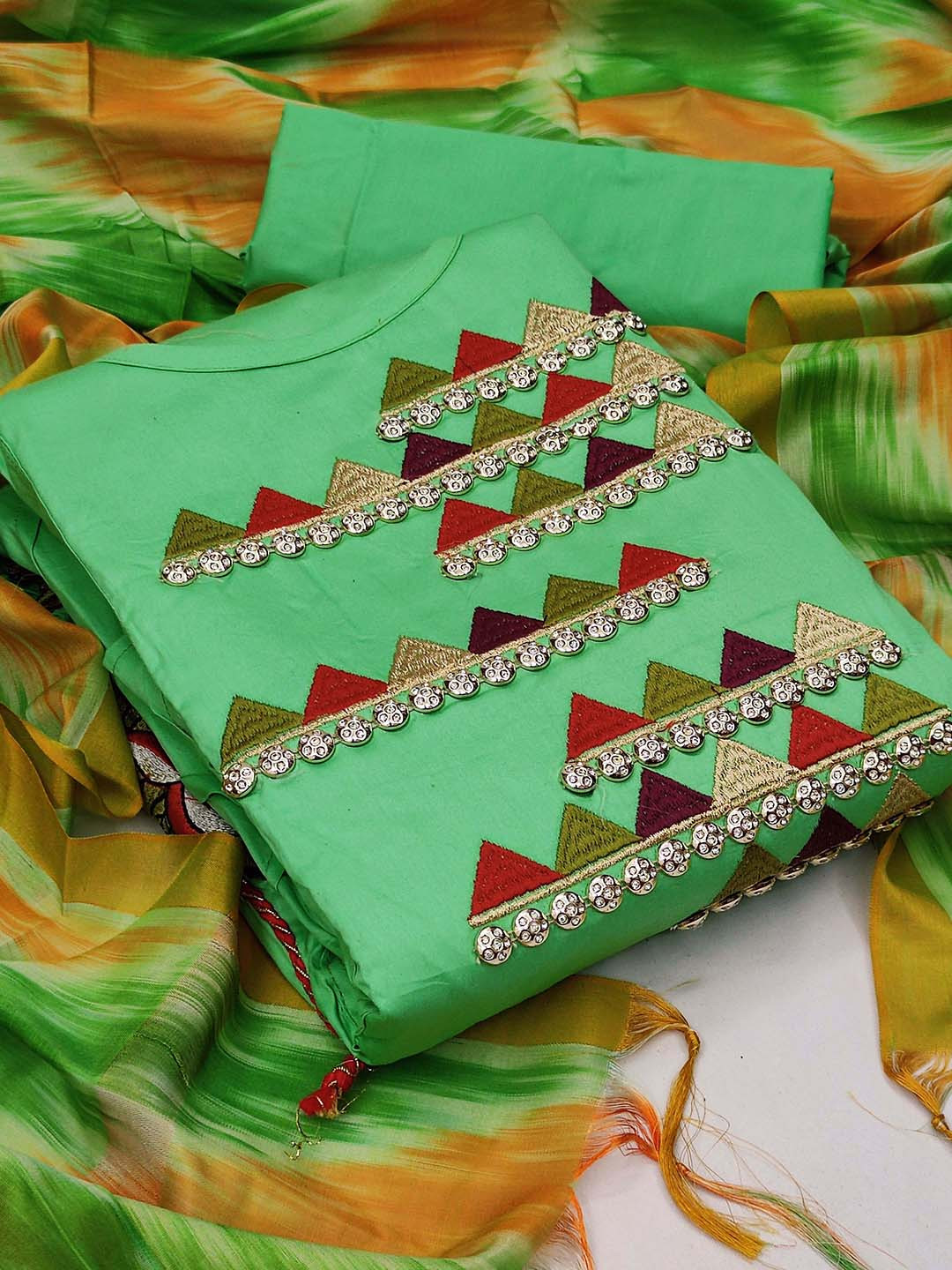 KALINI Green & Red Embroidered Unstitched Dress Material