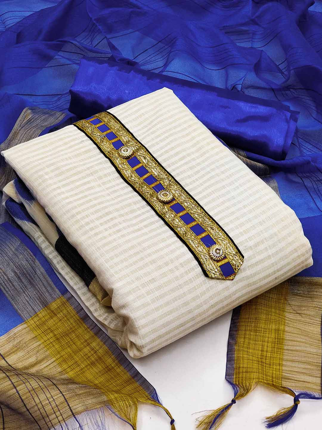 KALINI White & Blue Unstitched Dress With Dupatta Material