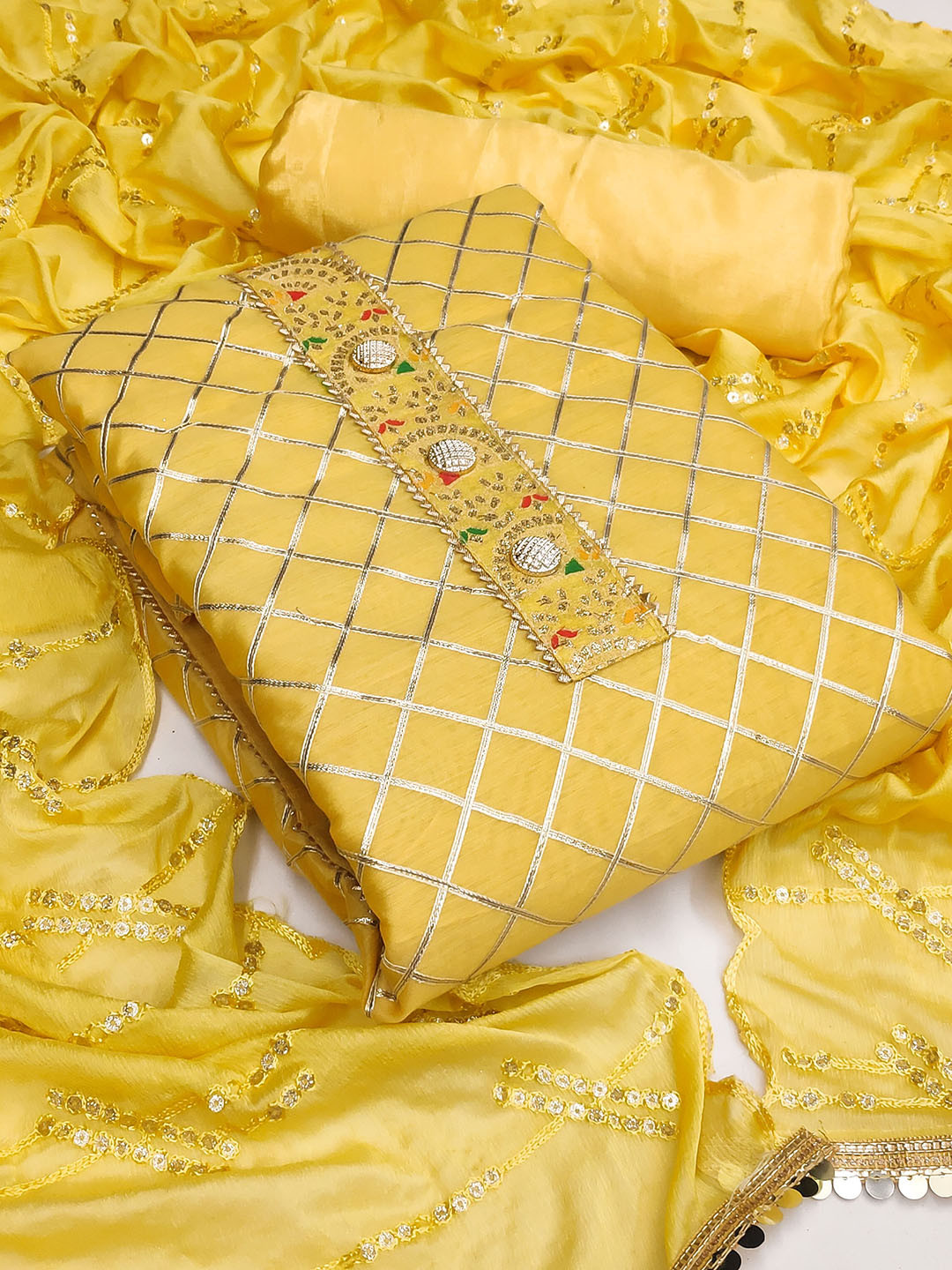 KALINI Yellow & Silver-Toned Embroidered Unstitched Dress Material