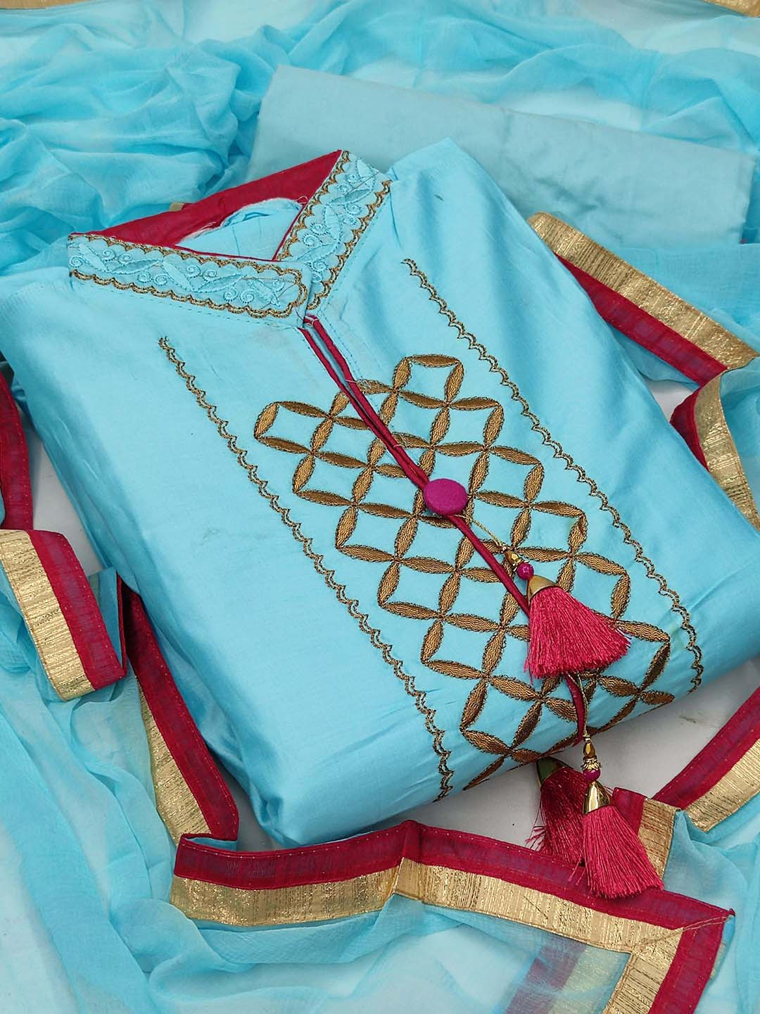 KALINI Blue & Maroon Embroidered Unstitched Dress Material