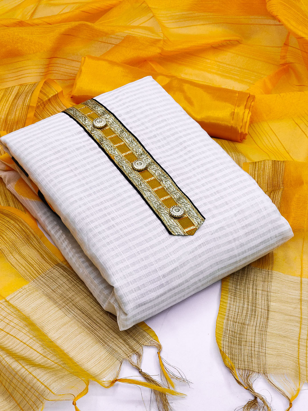 KALINI White & Yellow Unstitched Dress Material