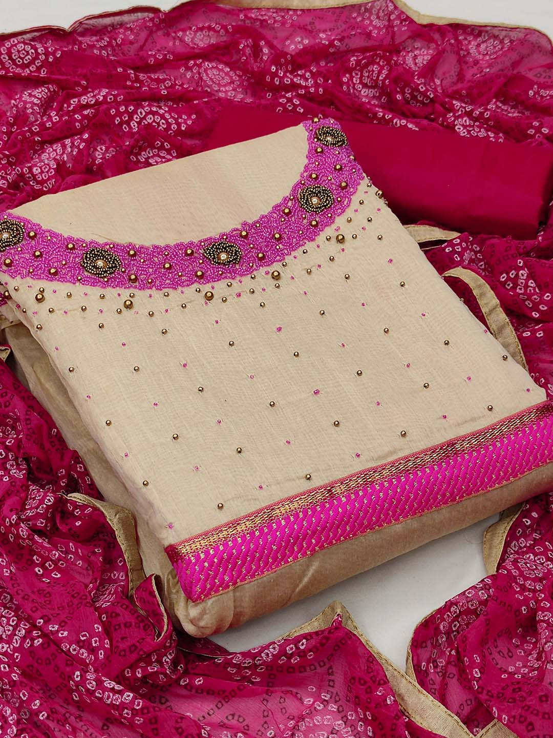 KALINI Beige & Pink Unstitched Dress Material