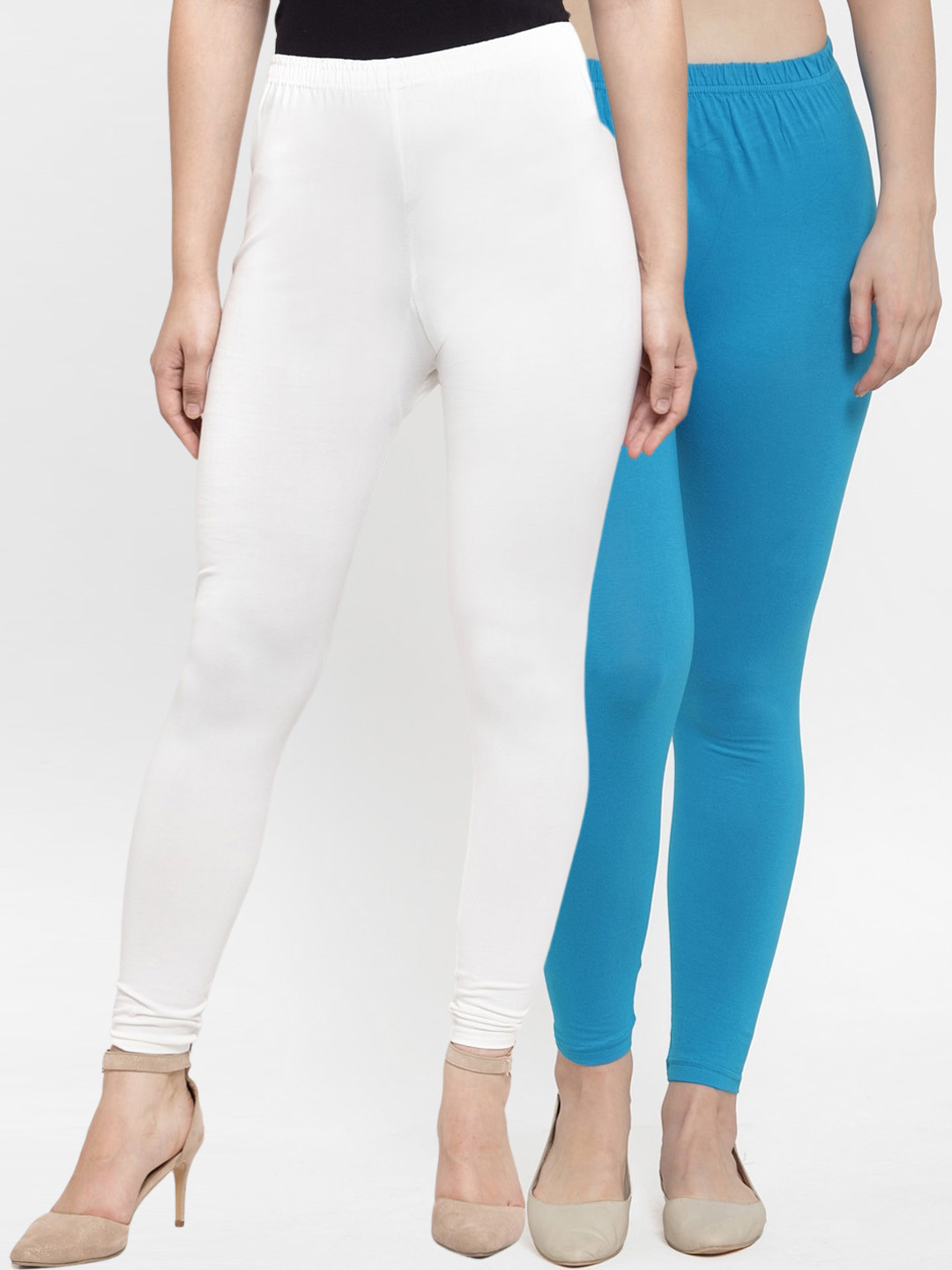Jinfo Women Pack Of 2 White & Turquoise Blue Solid Ankle-Length Leggings