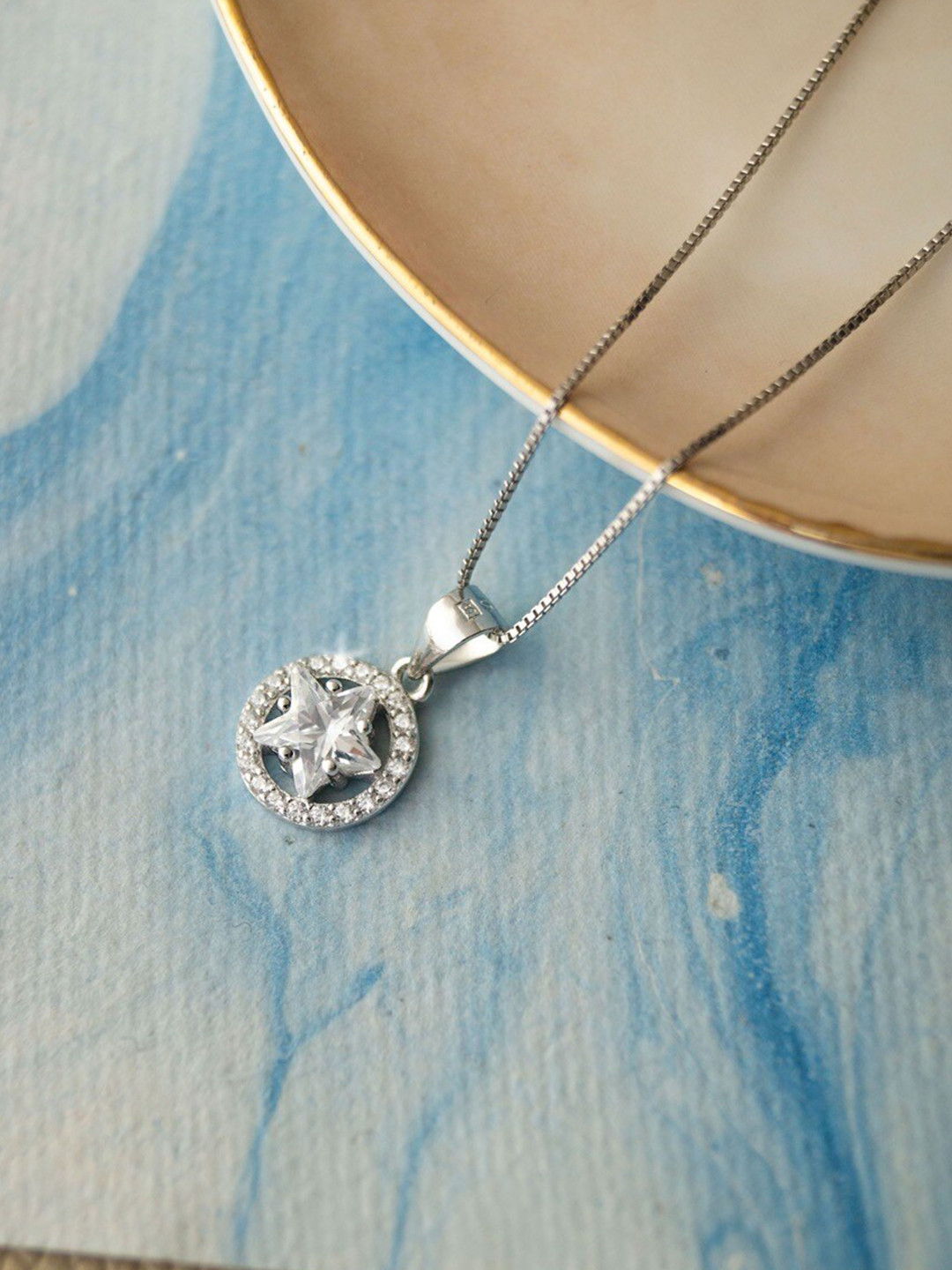 MANNASH Silver-Toned & White 925 Sterling Silver Rhodium-Plated Pendant With Chain