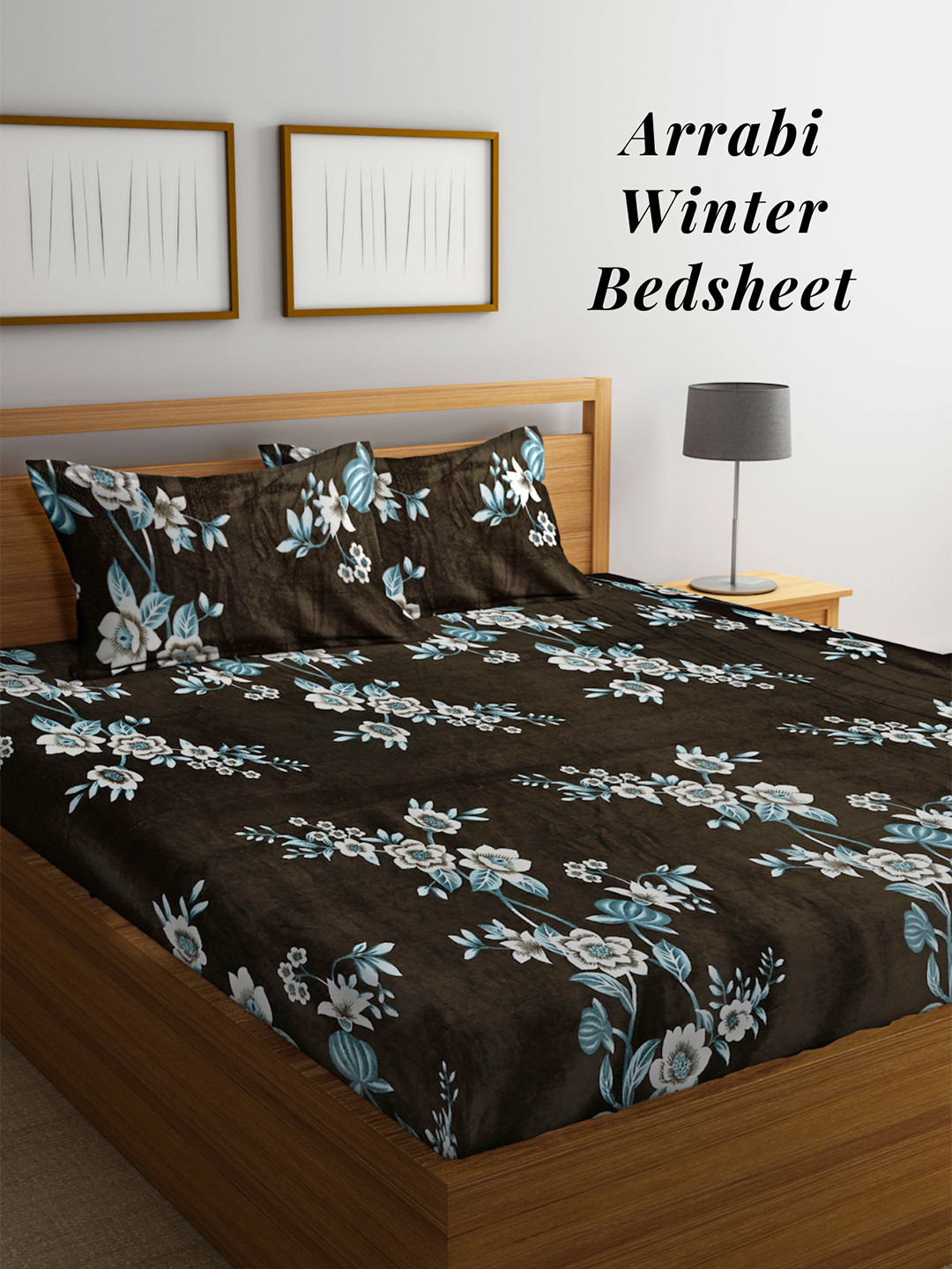 Arrabi Olive Floral Wool 210 TC King Fine Bedsheet with 2 Pillow Covers-93 x 85 inches