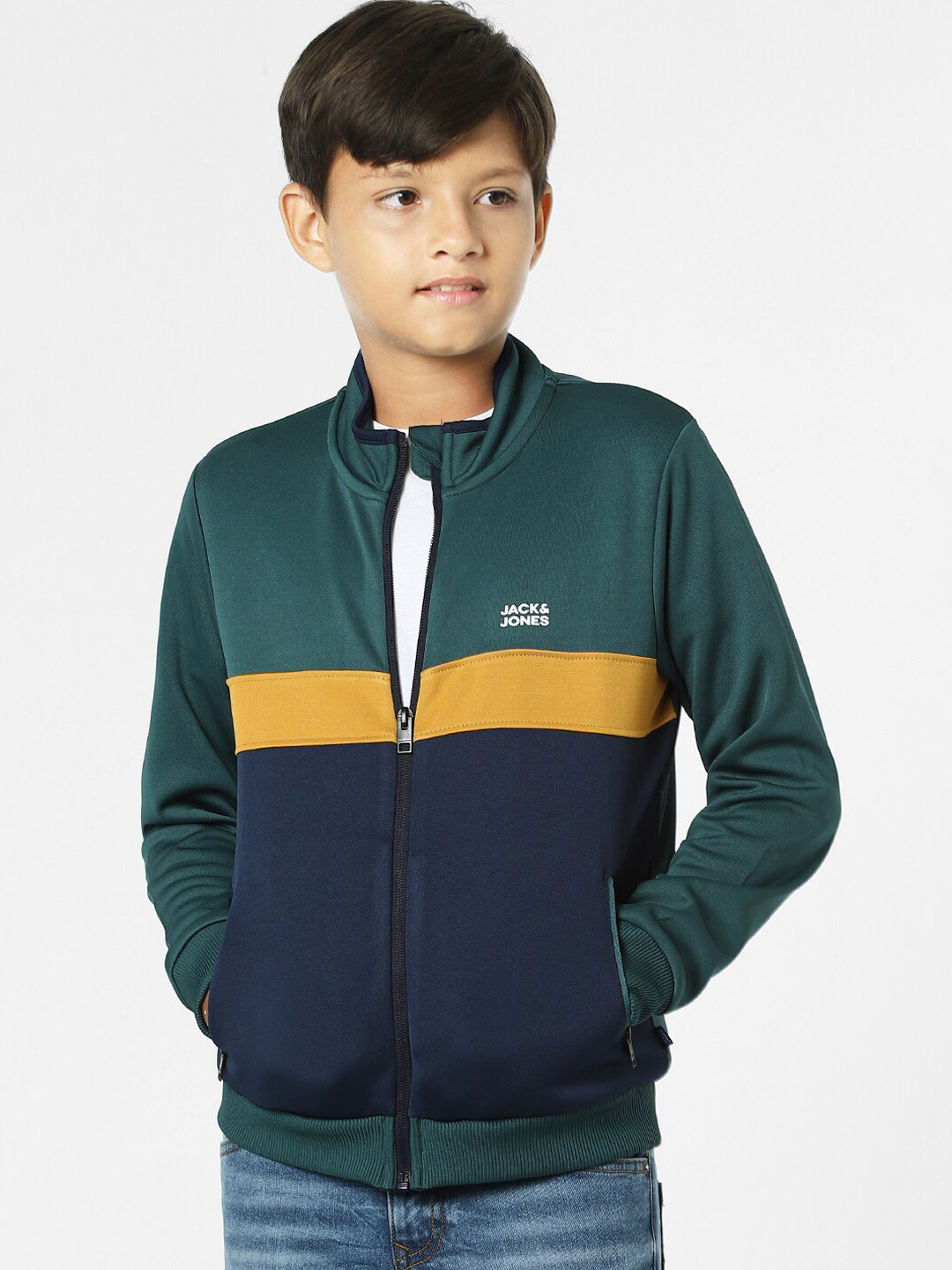 Jack & Jones Junior Boys Green & Navy Blue Colourblocked Bomber Jacket