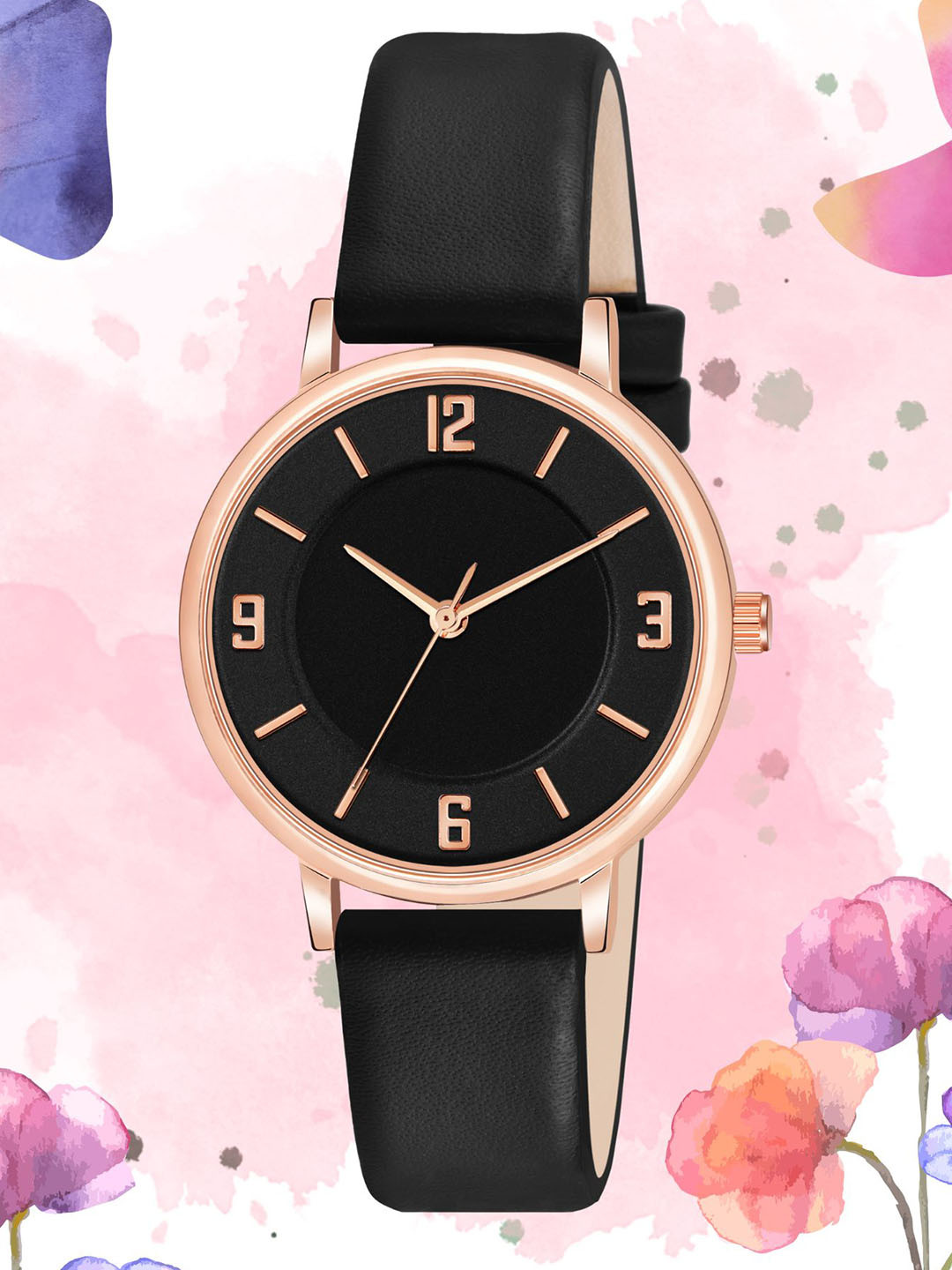 Shocknshop Women Black Dial & Black Leather Straps Analogue Watch MT391-Black