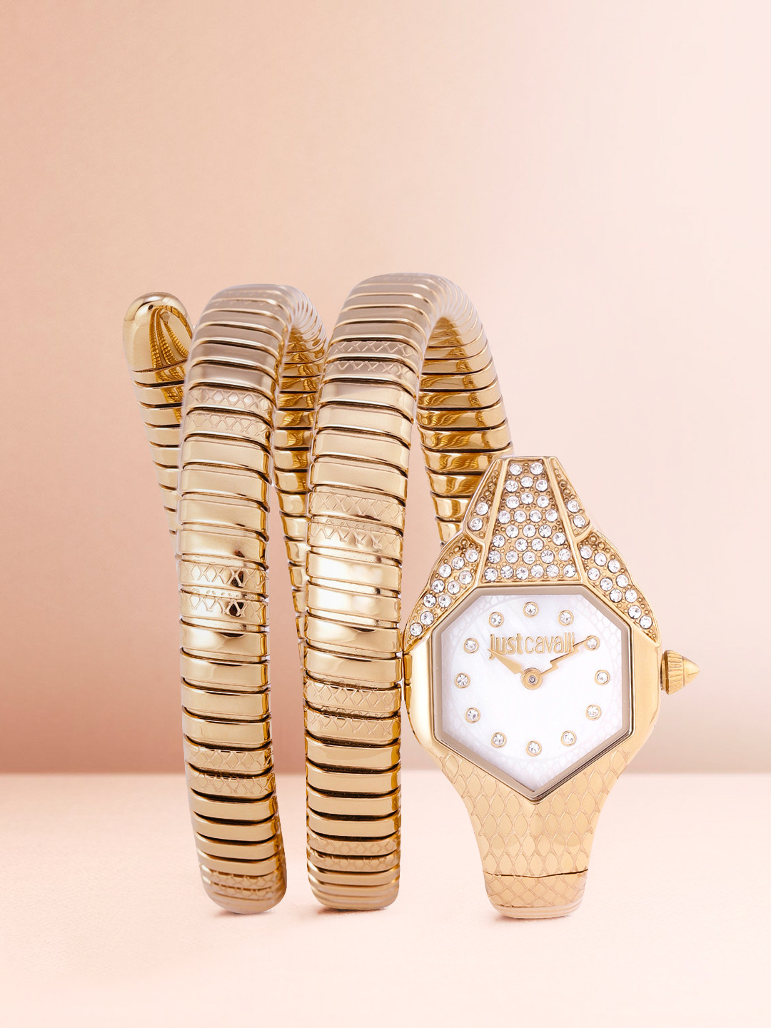 Just Cavalli Women White Embellished Dial & Gold-Toned Strap Analogue Watch JC1L193M0025