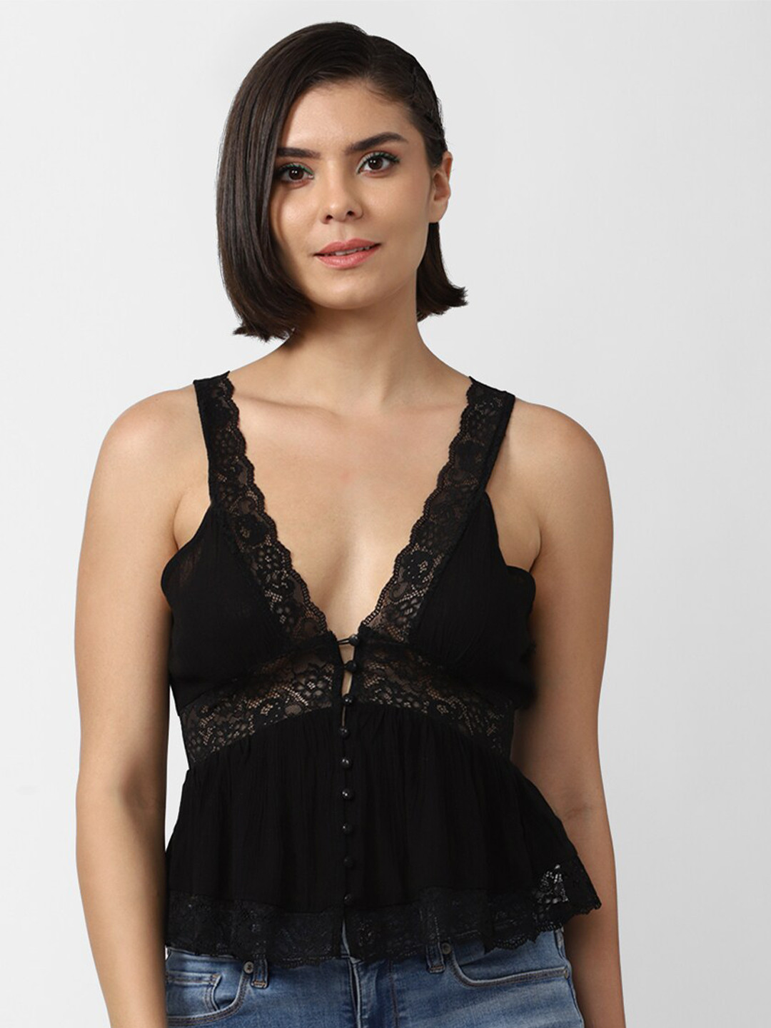 FOREVER 21 Black Self Design Empire Crop Top