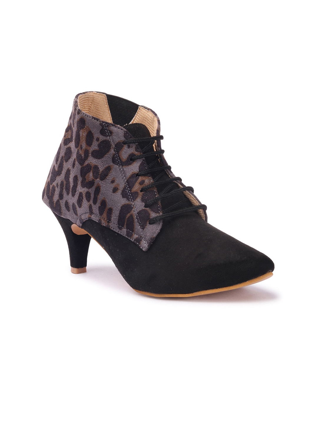 Picktoes Women Black Leopard Print Pointed-Toe Heeled Boots
