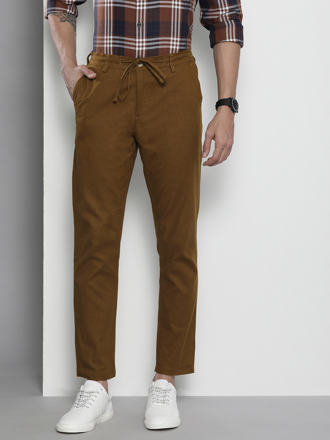 The Indian Garage Co Men Brown Slim Fit Linen Trousers