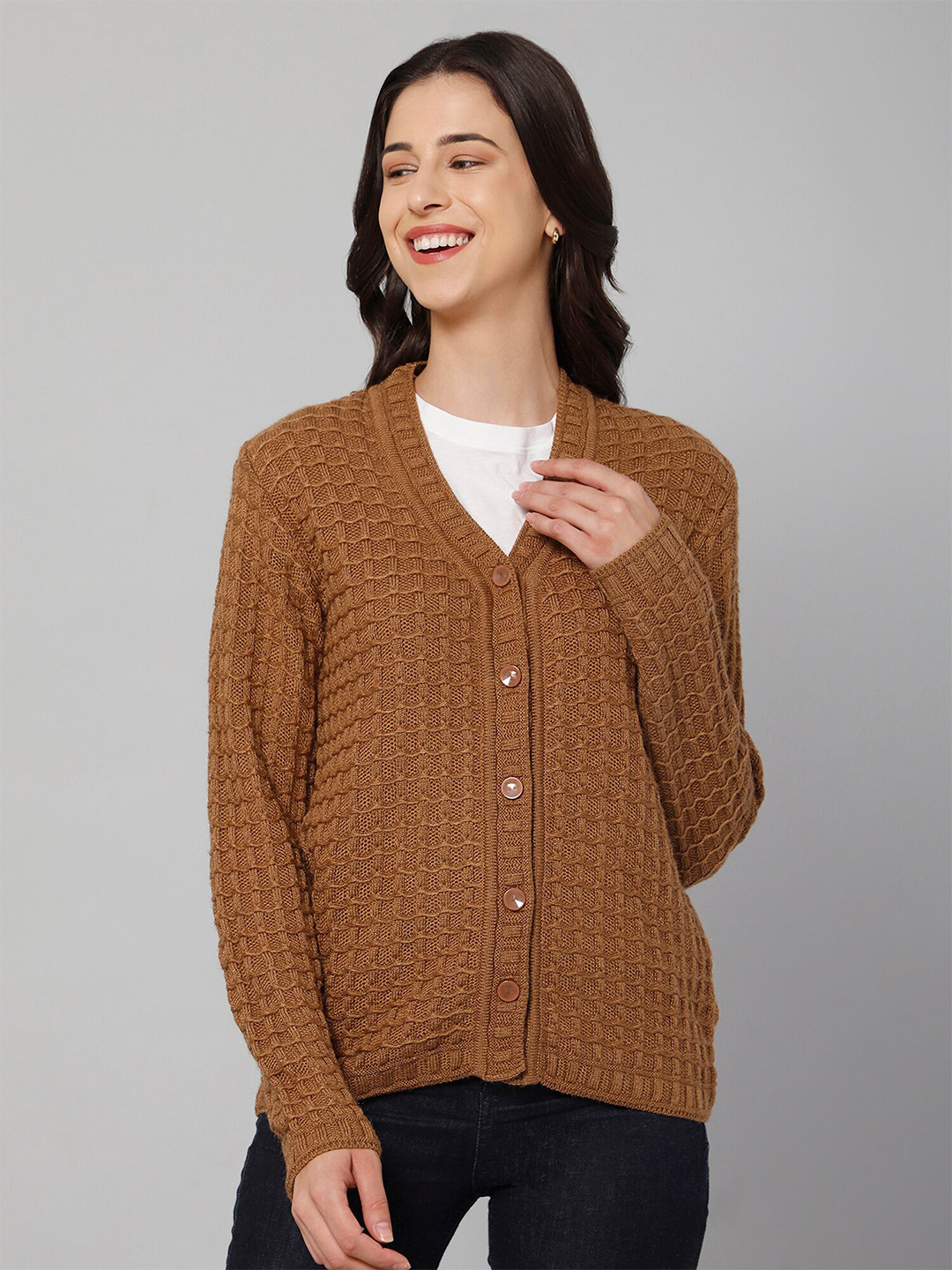 Cantabil Women Brown Ribbed Wool Cardigan