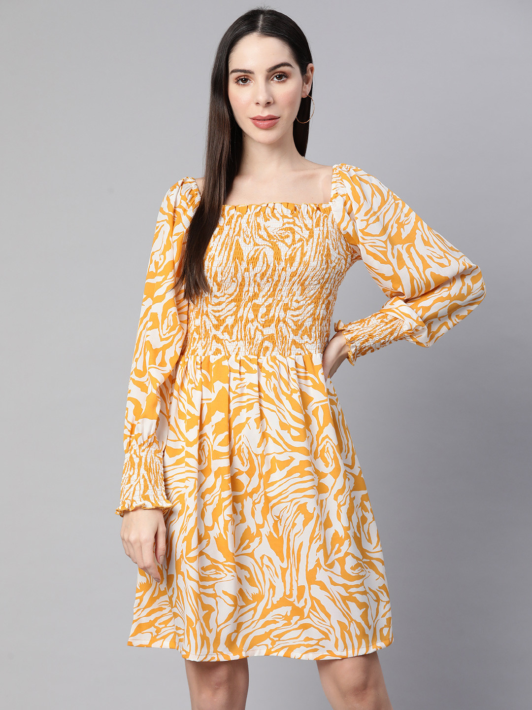 plusS White & Mustard Yellow Smocked Printed Dress