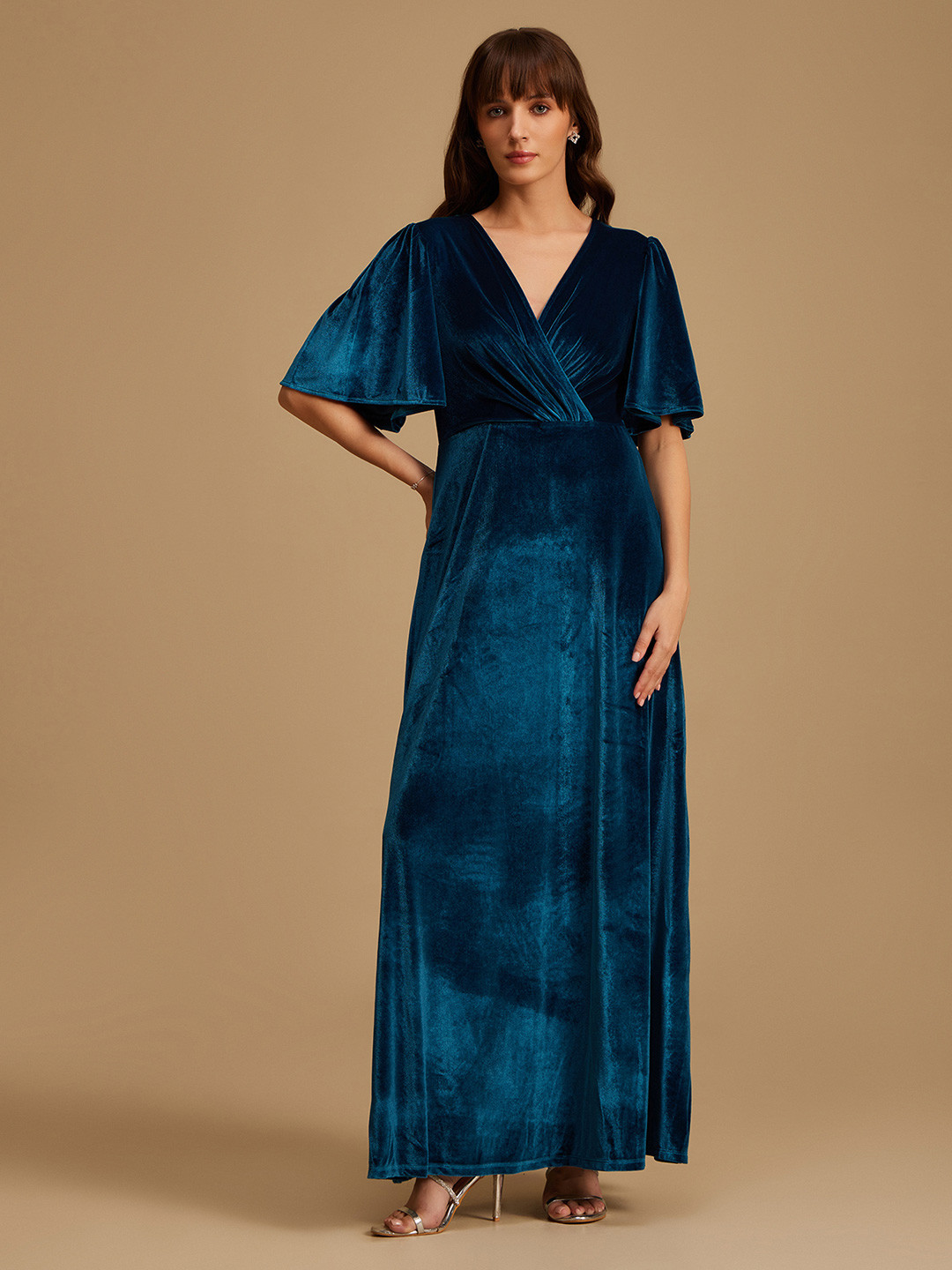 Kazo Women Teal Velvet Maxi Dress