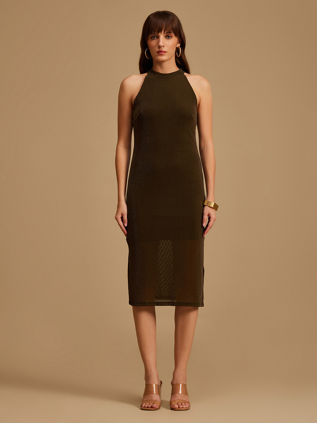 Kazo Women Olive Green Halter Neck Sheath Dress