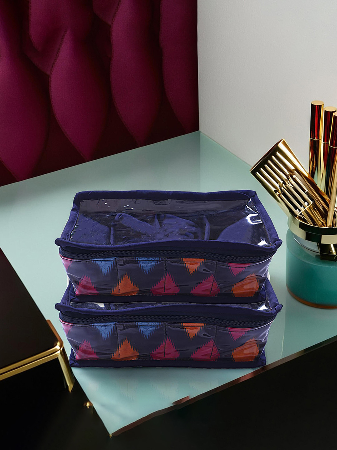 Kuber Industries Pack Of 2 Blue Navajo Printed Watch Organizers