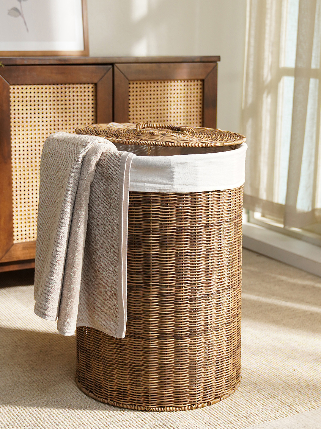 Pure Home and Living Brown Bamboo Round Bin With Lid