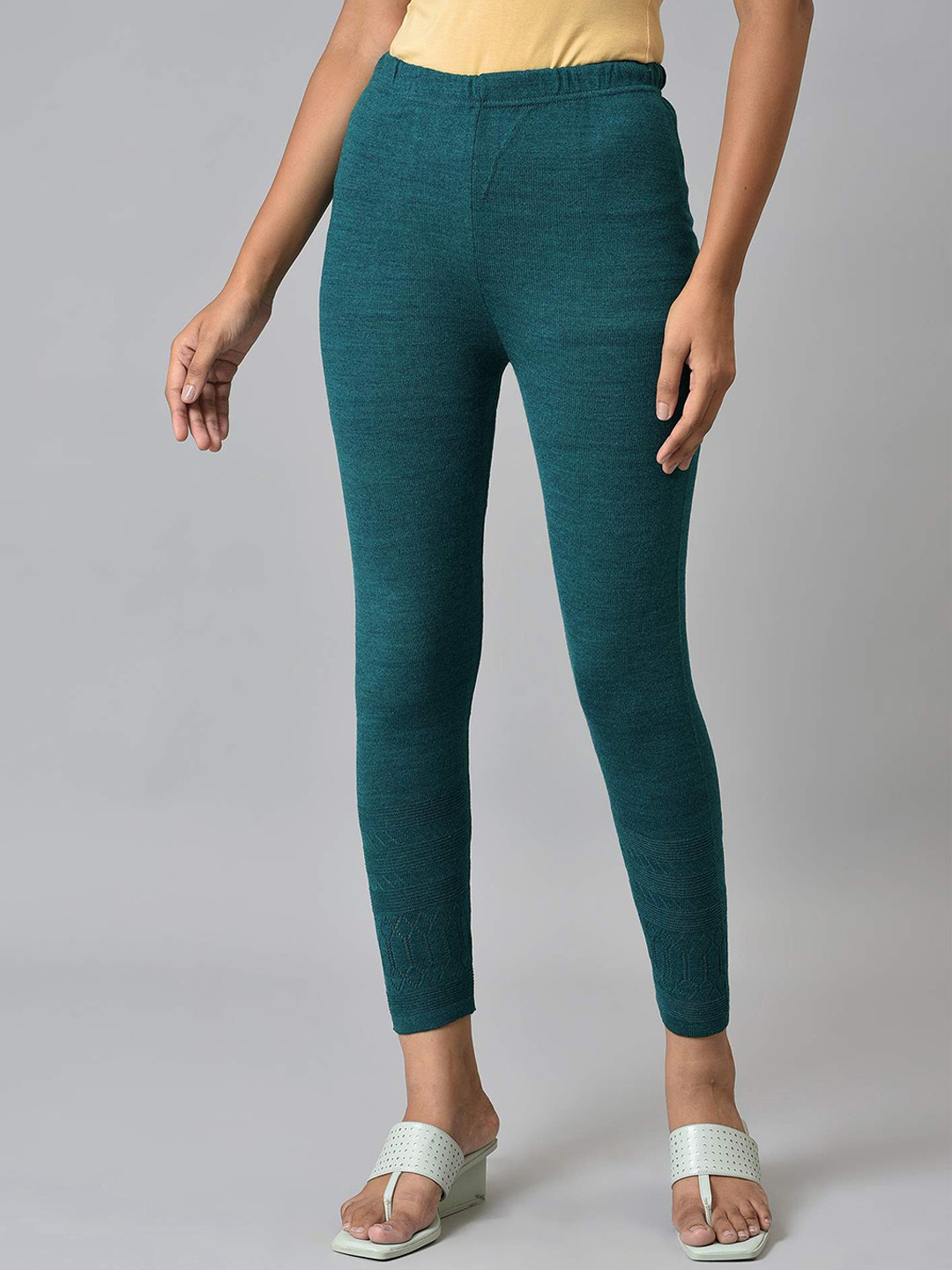 AURELIA Women Teal Acrylic Woven Ankle Length Leggings